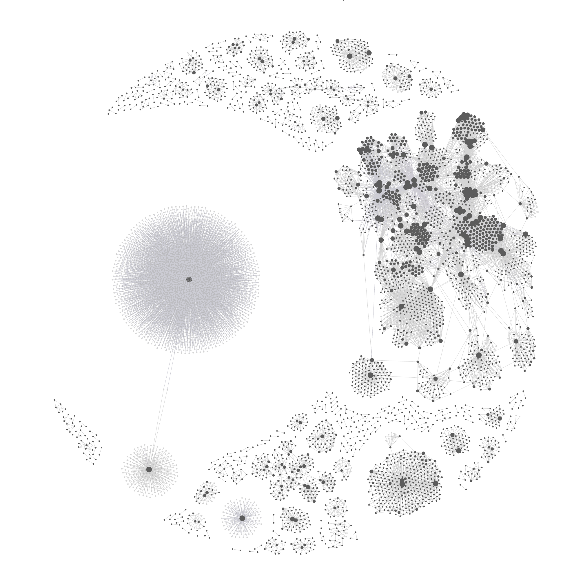 A knowledge graph visualized — thousands of nodes clustered into communities, with god-nodes visible as dense hubs.